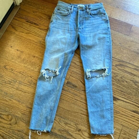 Redone Originals 90’s High Rise Crop Button Fly Destroyed Frayed Hem Jeans Sz 28 - Picture 14 of 14